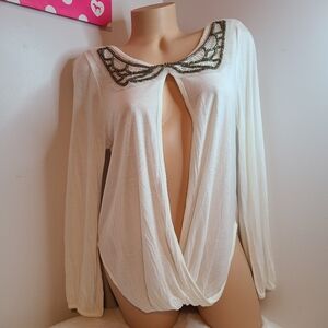 New VTG Geri C. New York Beaded Collar Draped Top Size M